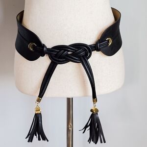 BCBGMaxazria, Black Vegan Leather Knot Tie Tassel Tie Stretch Belt Size Small